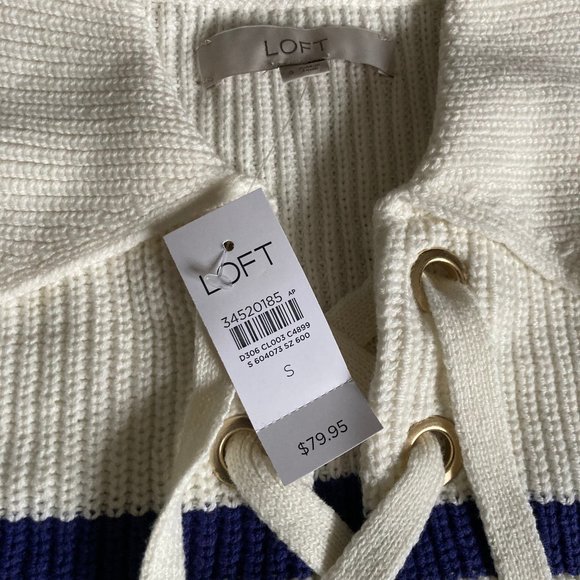 LOFT:  Striped Lace Up Polo Sweater - white/blue - Picture 6 of 9